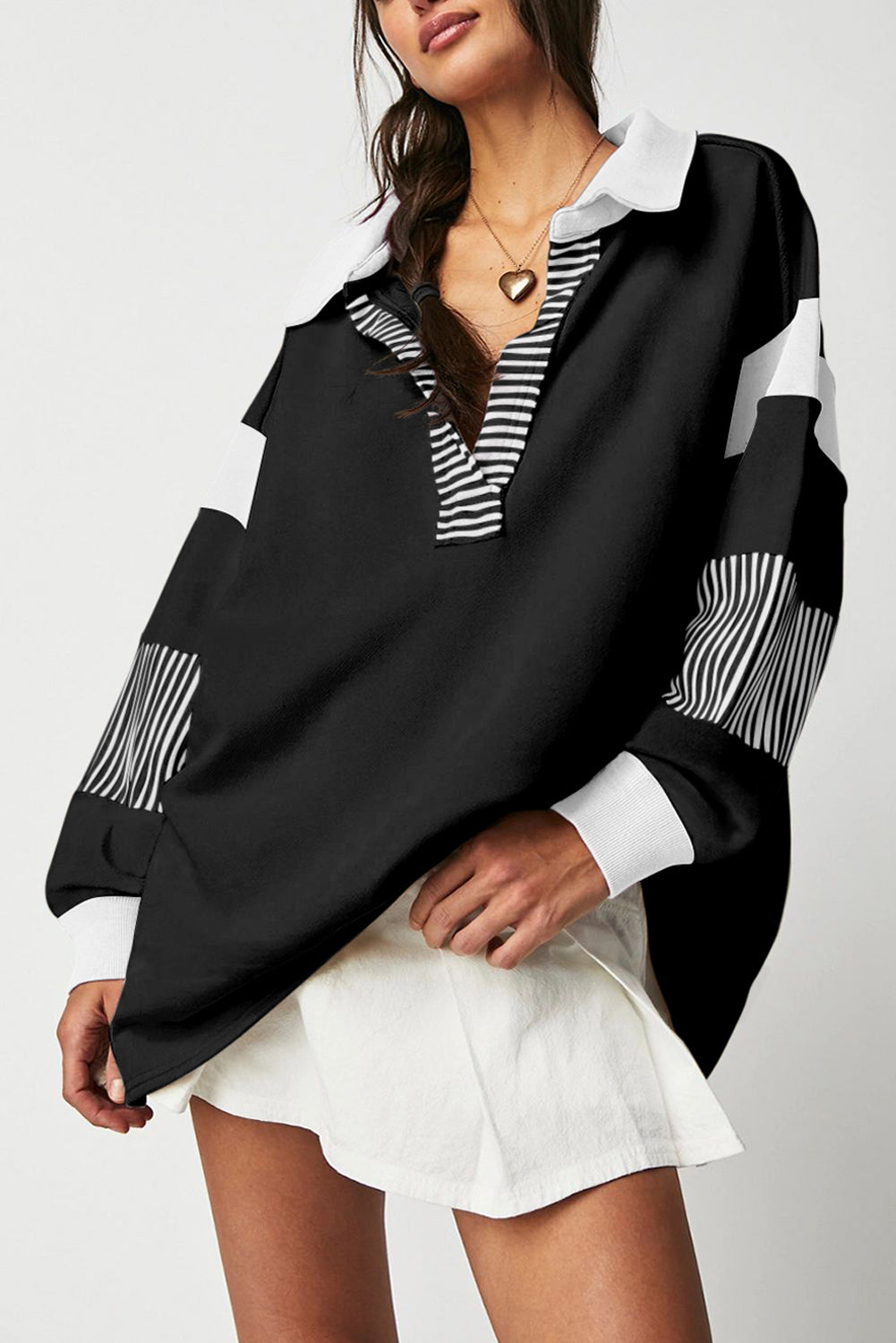 Black Striped Colorblock Patchwork Collar Sweatshirt