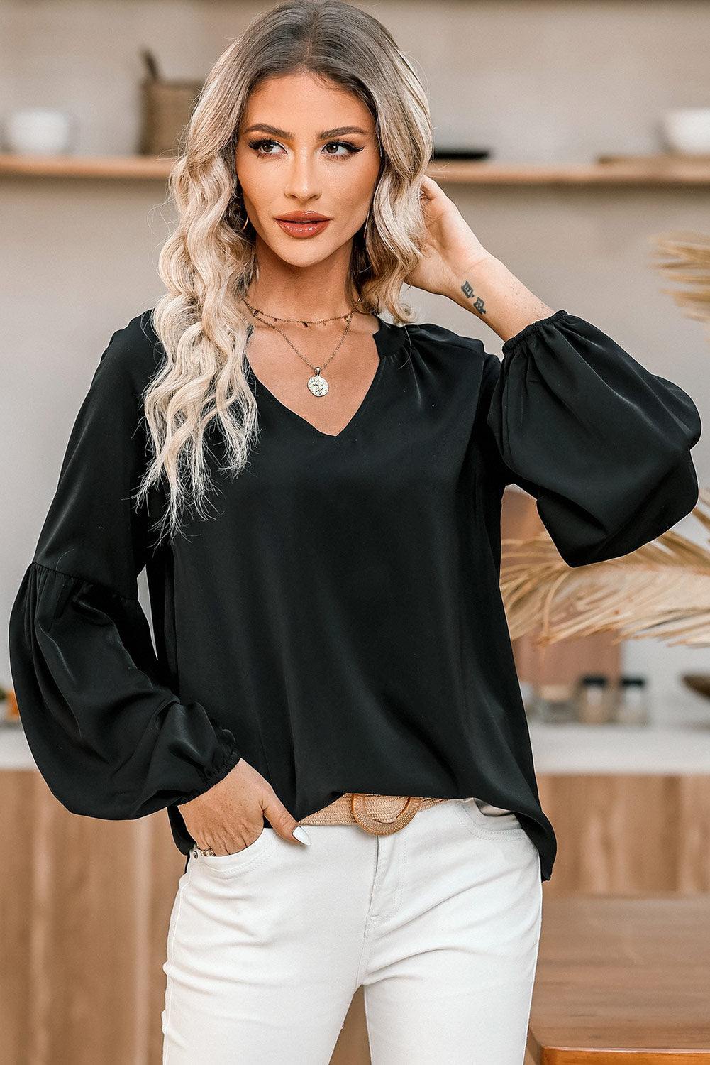 Black Fiery V Neck Long Puff Sleeve Top