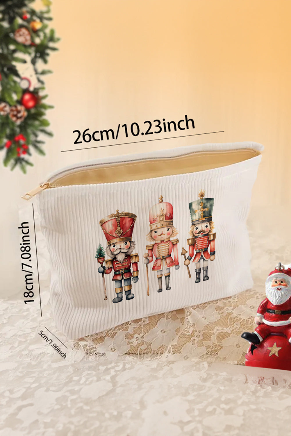 White Christmas Fashion Print Corduroy Zip Up Cosmetic Bag