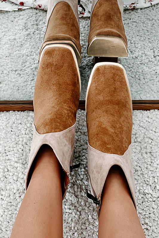 Camel Two Tone Faux Suede Square Toe Chunky Heel Boots