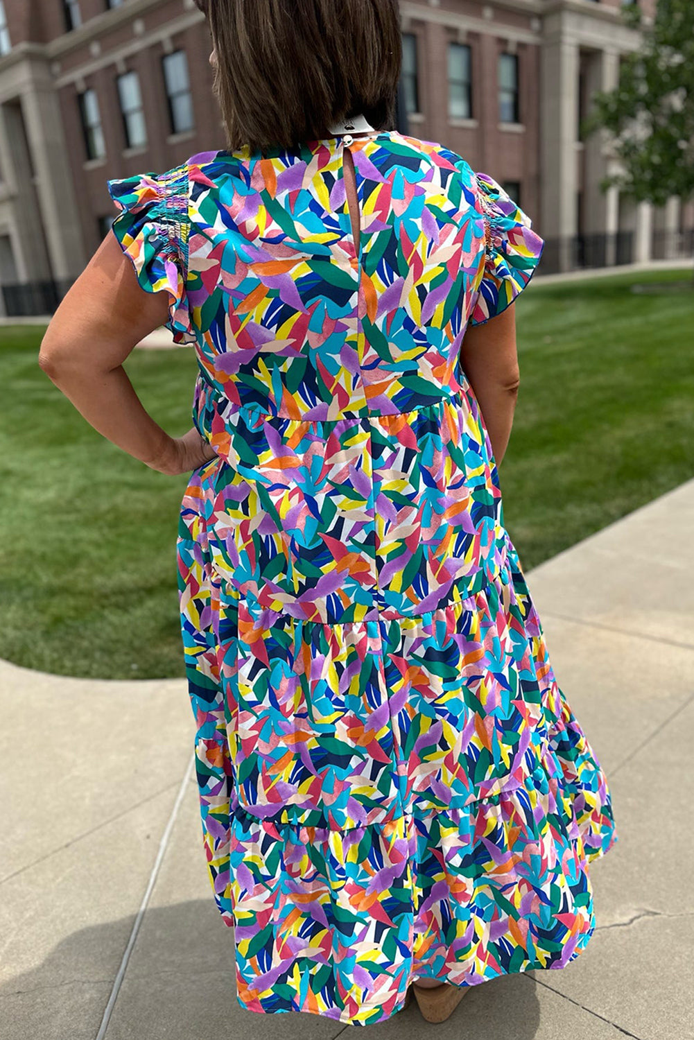 Blue Geometric Print Ruffled Short Sleeve Plus Size Tiered Maxi Dress