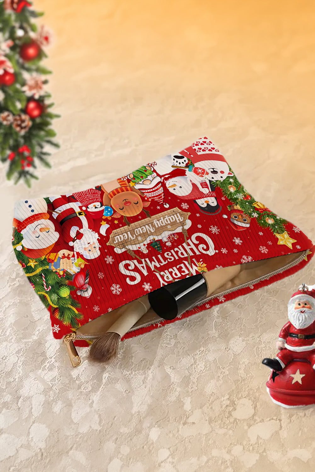 Fiery Red MERRY CHRISTMAS Happy New Year Corduroy Cosmetic Bag