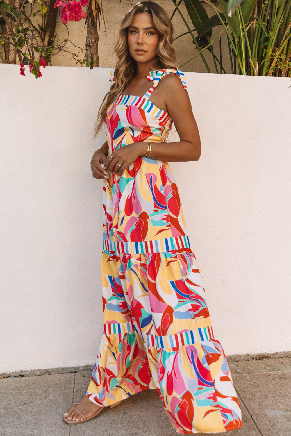 Multicolor Abstract Print Striped Trim Maxi Sundress