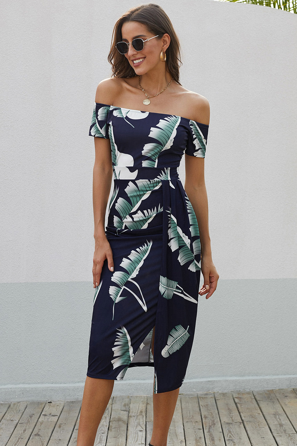 Blue Pattern Print Off Shoulder Slit Bodycon Midi Dress