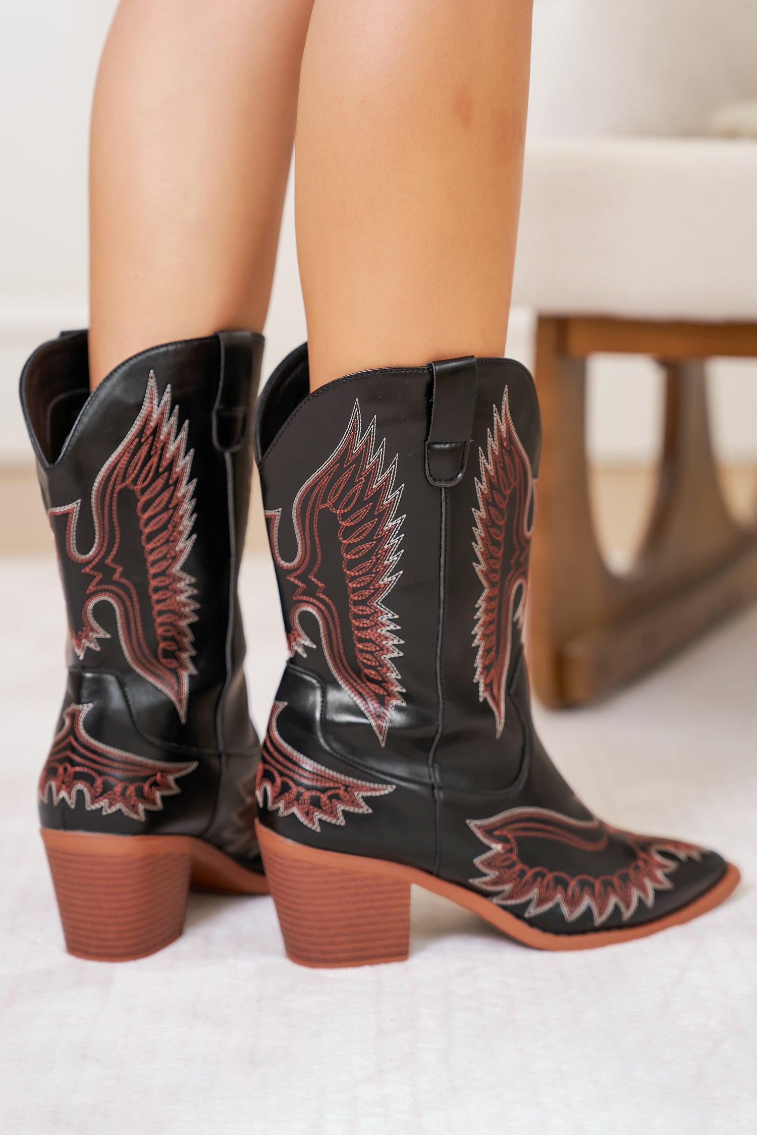 Black Western Eagle Embroidered Faux Leather Boots