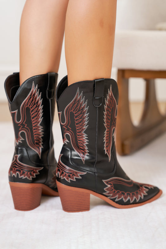 Black Western Eagle Embroidered Faux Leather Boots