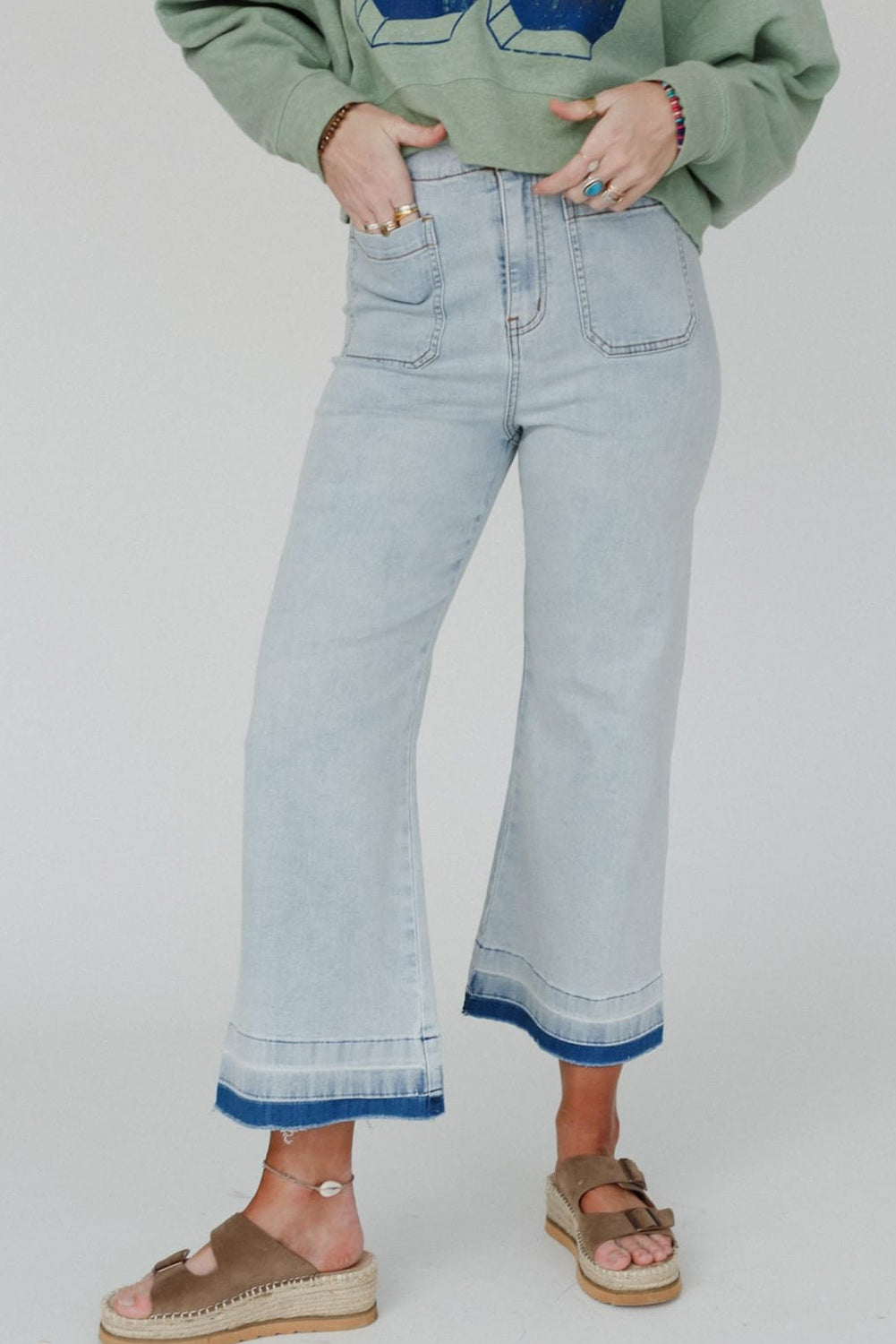 Beau Blue Acid Wash Contrast Edge Pocketed Cropped Jeans