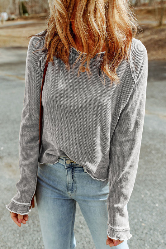 Gray Textured Round Neck Long Sleeve Top