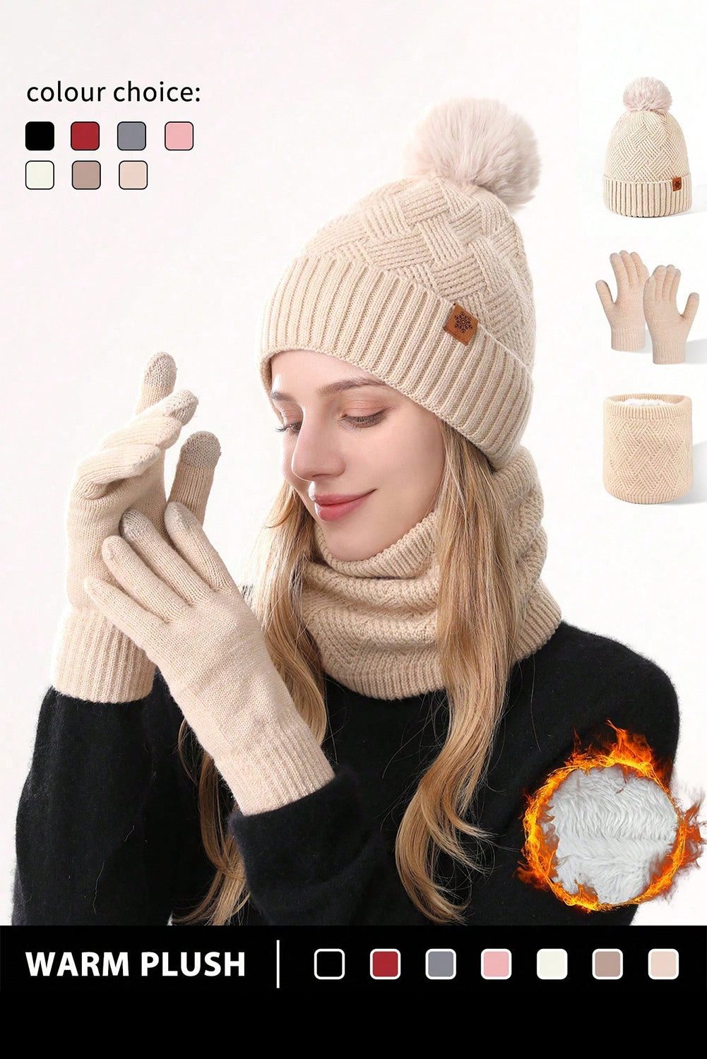White Fleece Liner Beanie Hat Scarf and Gloves 3pcs Winter Set