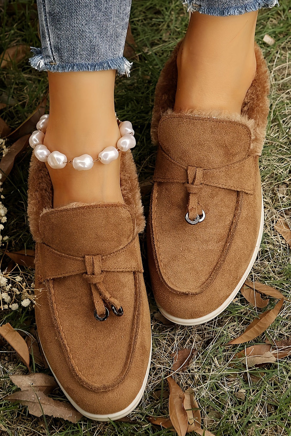 Chestnut Suede Furry Lined Slip on Flat Shoes