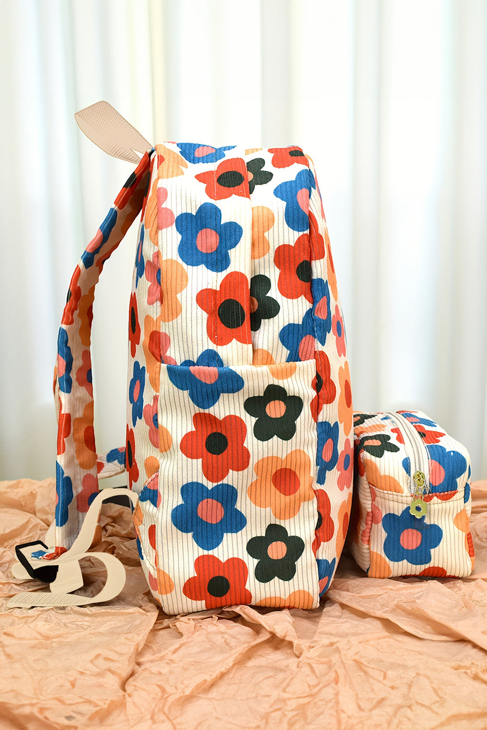 Khaki Flower Print Corduroy Backpack with Matching Pouch