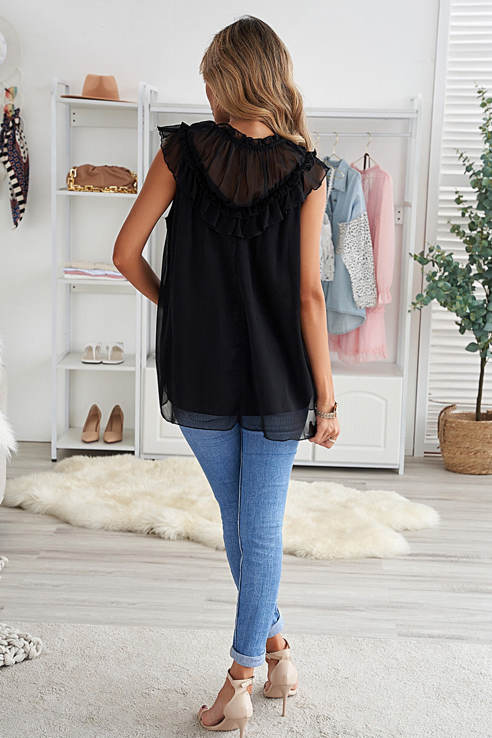 Black Frilled Detail Tulle Tank Top