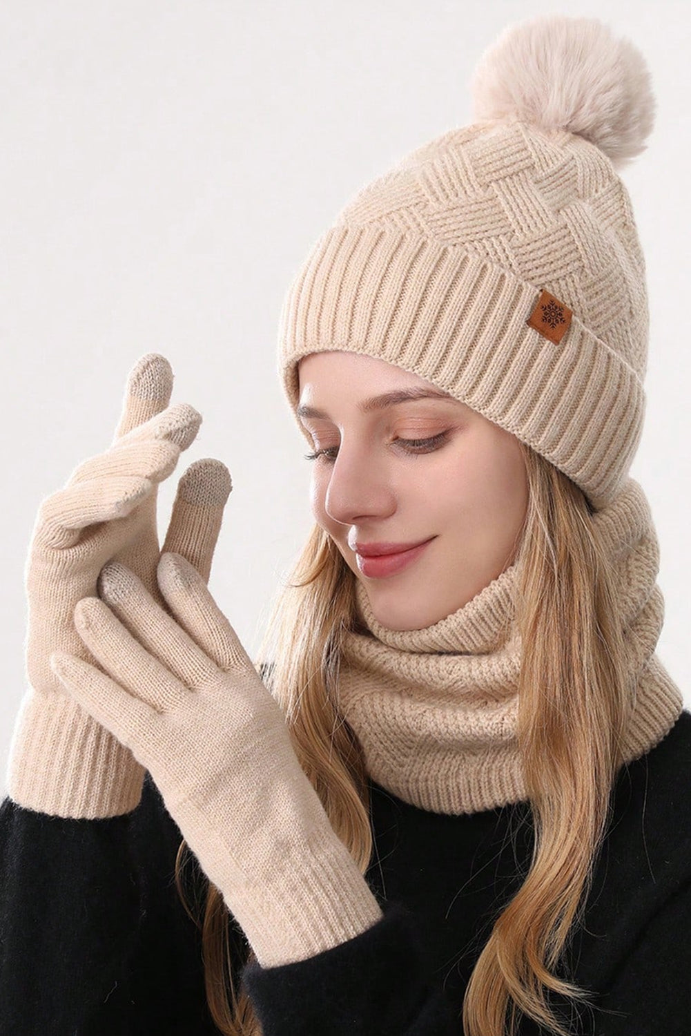 White Fleece Liner Beanie Hat Scarf and Gloves 3pcs Winter Set