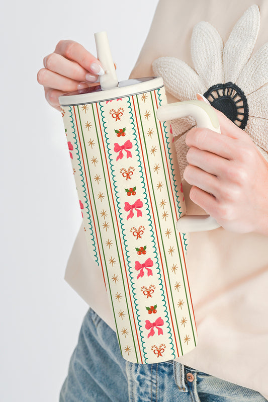 White Holly Jolly Bow Striped Print Flip Straw Tumbler