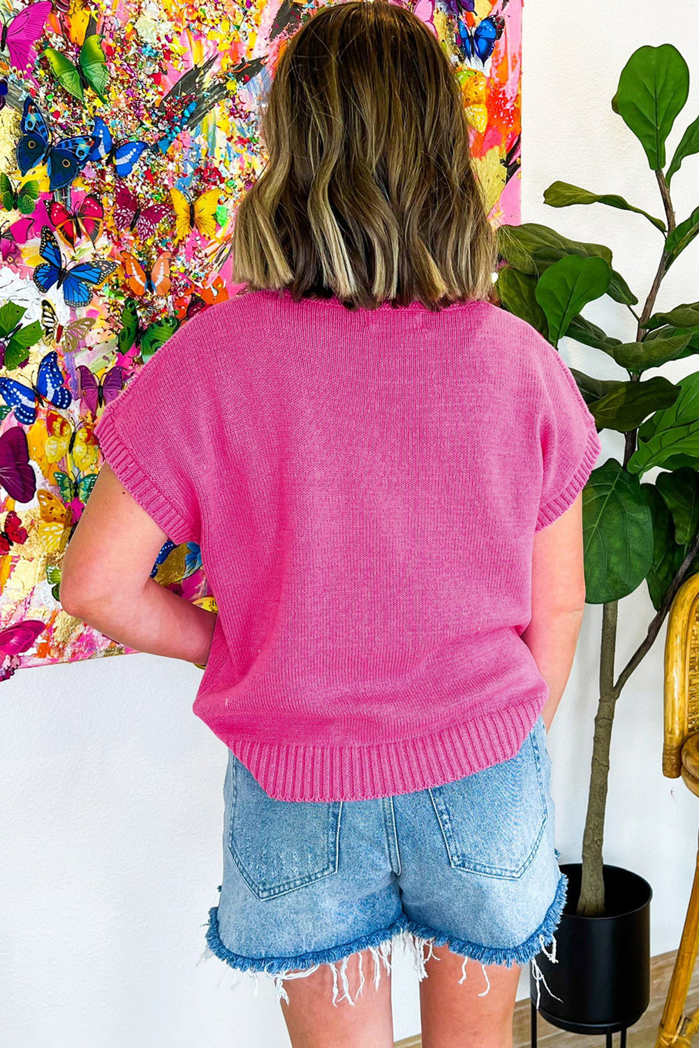 Bright Pink Corded Flower Embroidery Short Sleeve Knitwear Top