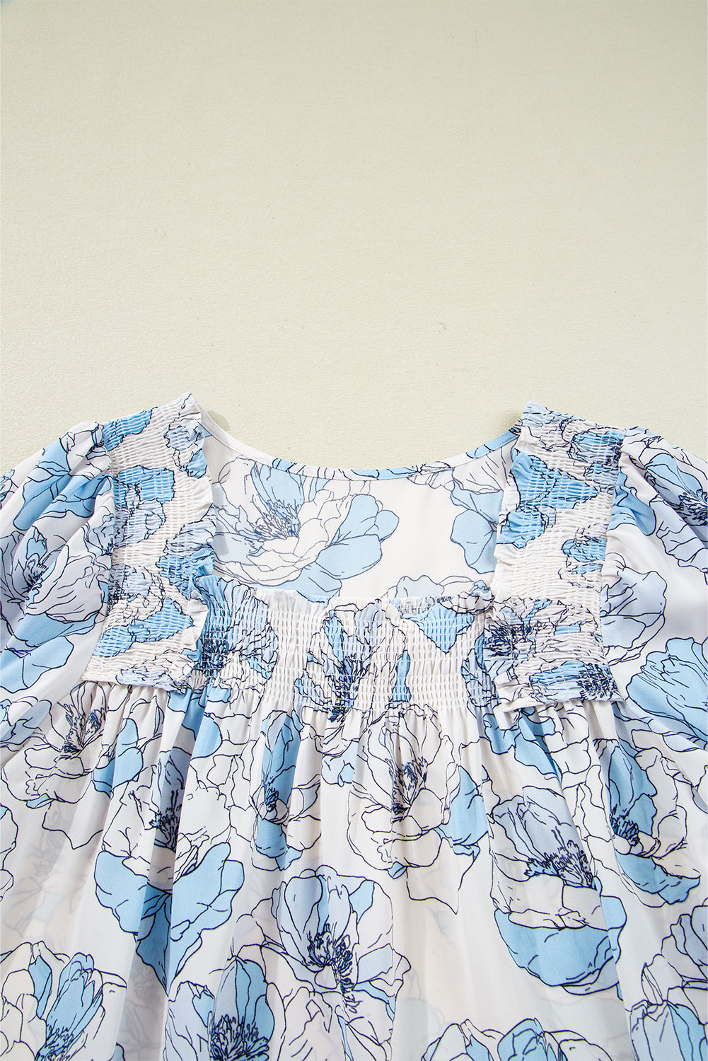 Sky Blue Floral Print Frilly Smocked Square Neck Long Sleeve Blouse