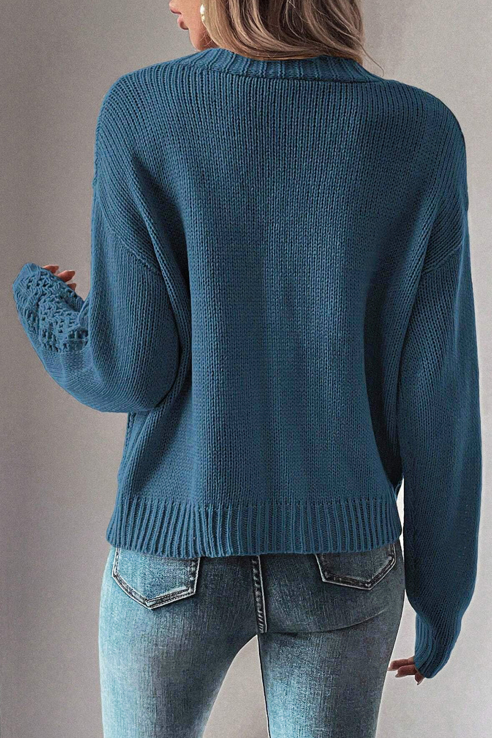 Real Teal Open Knit V Neck Button Front Drop Shoulder Plus Size Cardigan