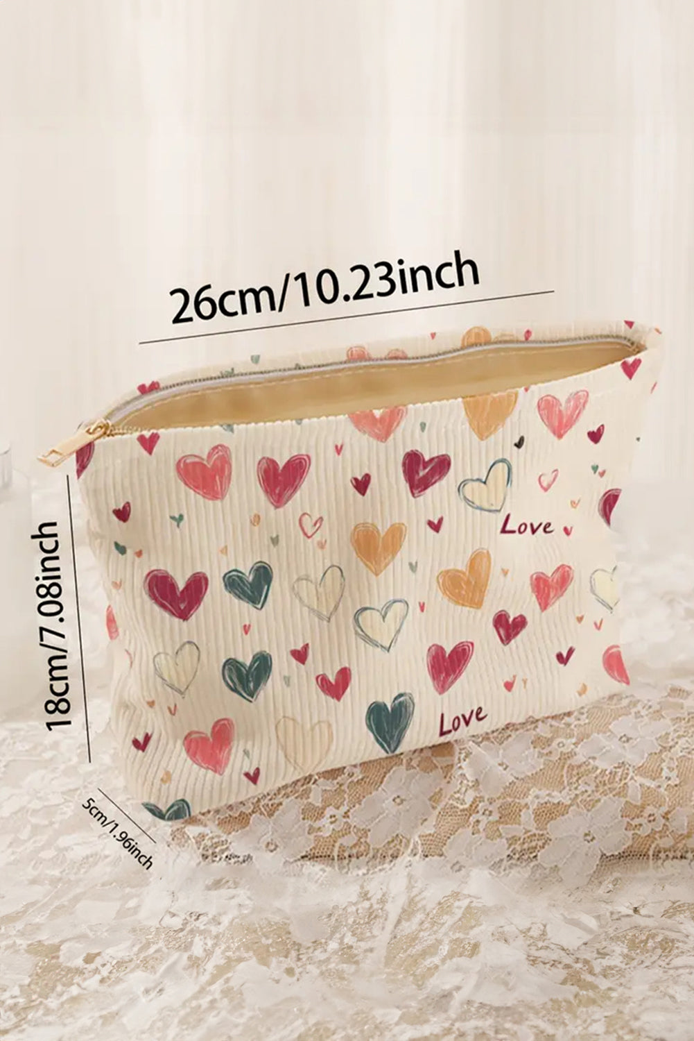 White Love Heart Print Ribbed Canvas Makeup Bag