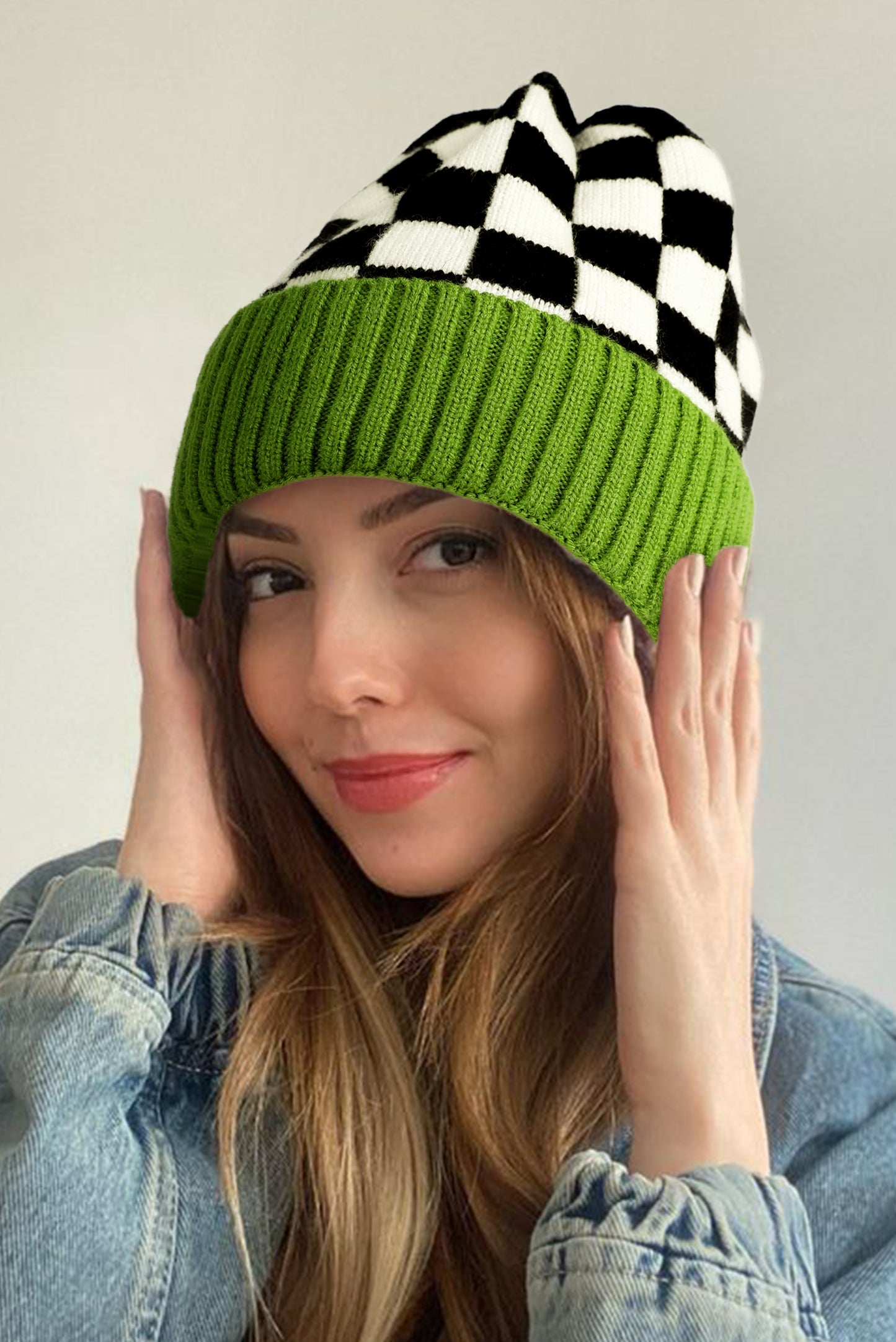 Spinach Green Checkered Color Block Unisex Winter Beanie Hat