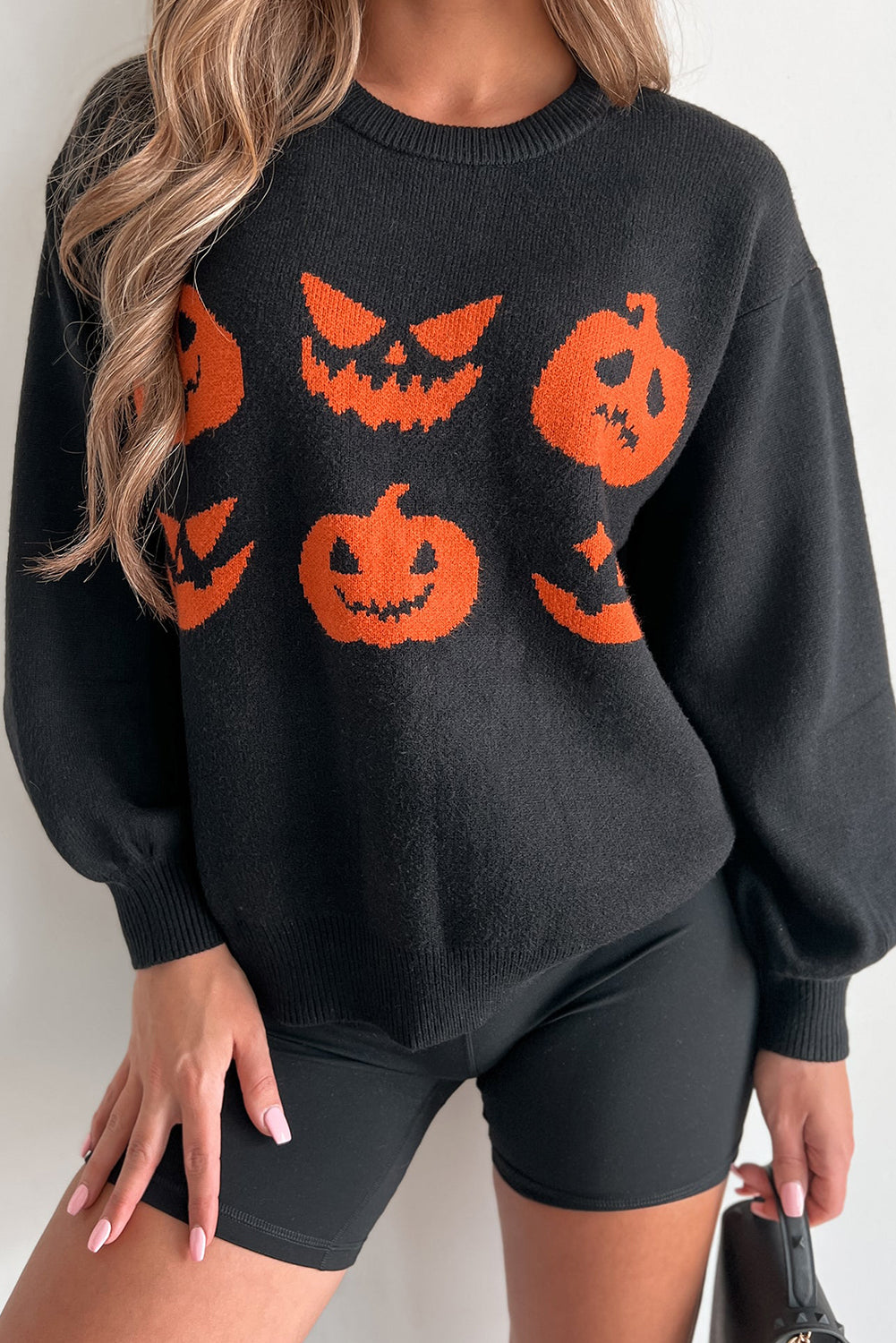 Black Halloween Pumpkin Face Pattern Drop Shoulder Sweater