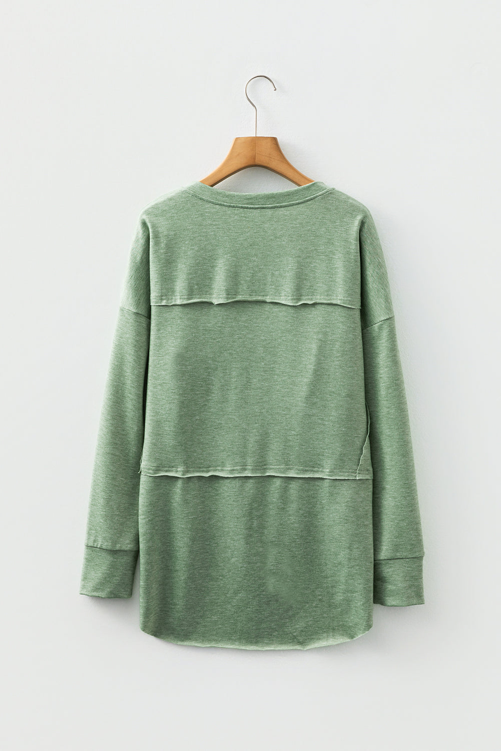 Smoke Green Notched Neck Terry Raw Hem Long Sleeve Top