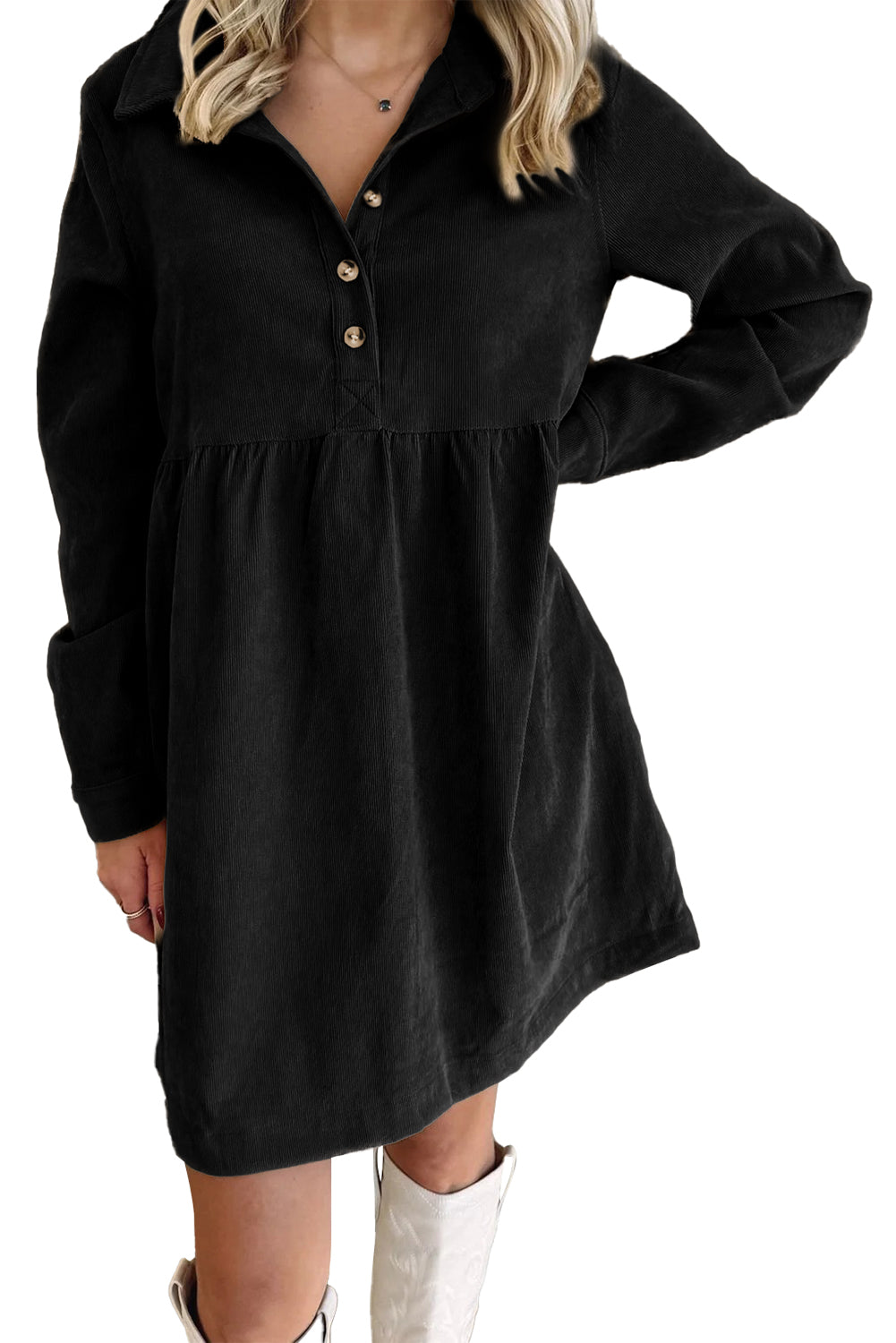 Black Corduroy Half Button Collared Long Sleeve Mini Dress
