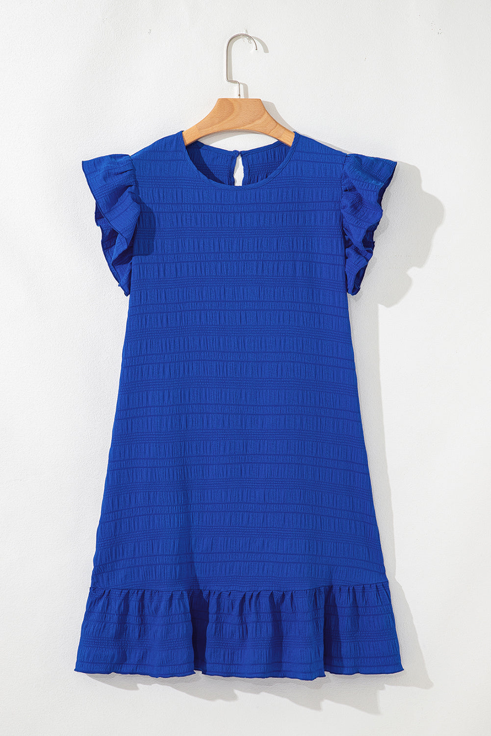 Dark Blue Textured Flutter Sleeve Ruffled Mini Dress