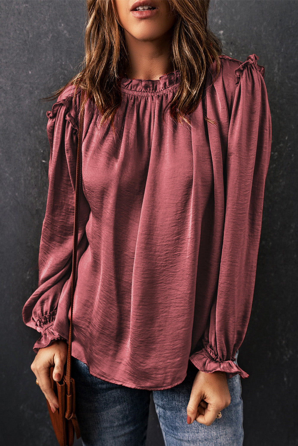 Fiery Red Frilled Neck Ruffled Long Sleeve Blouse