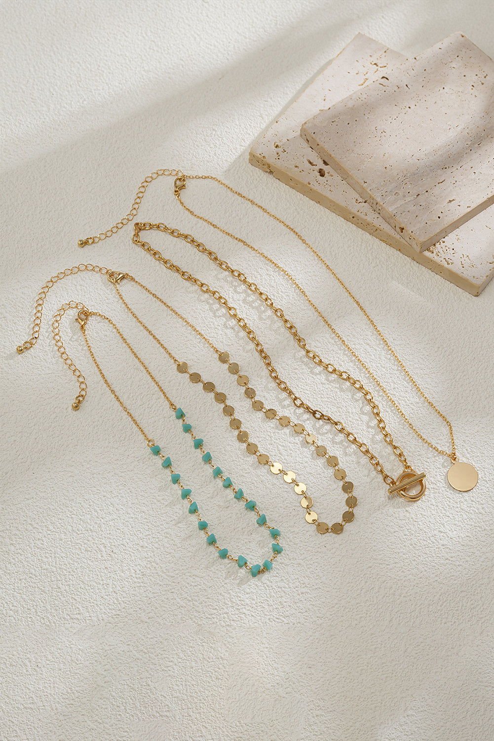 Gold Plated Toggle Disc Detail Turquoise Heart Beads 4pcs Necklace Set