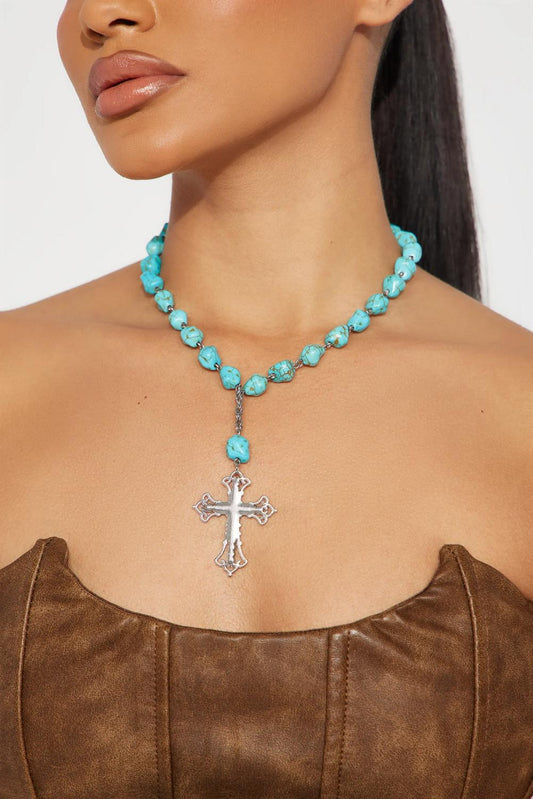 Peacock Blue Turquoise Cross Pendant Necklace