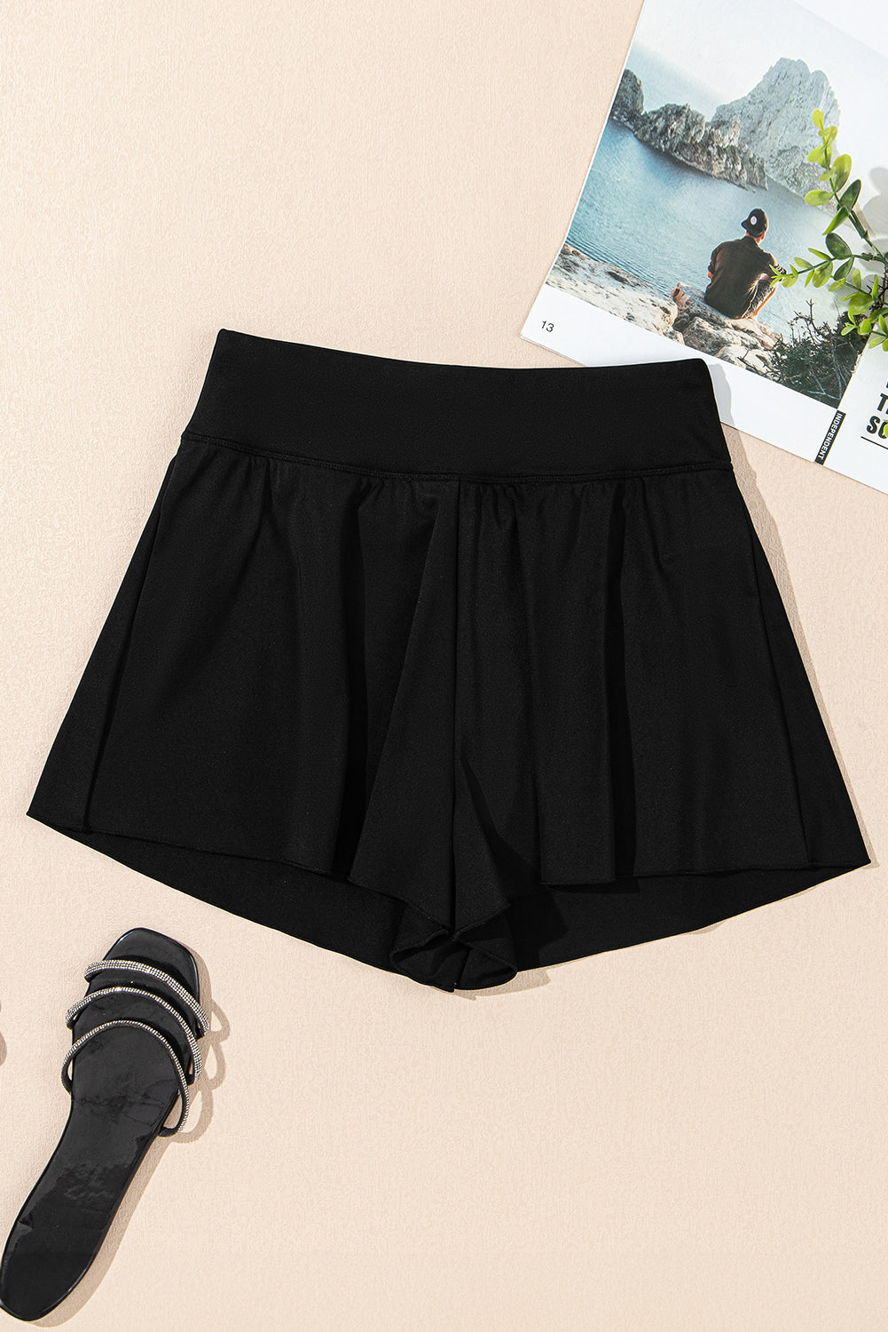 Black Solid Color High Waist Wide Leg Swim Bottom