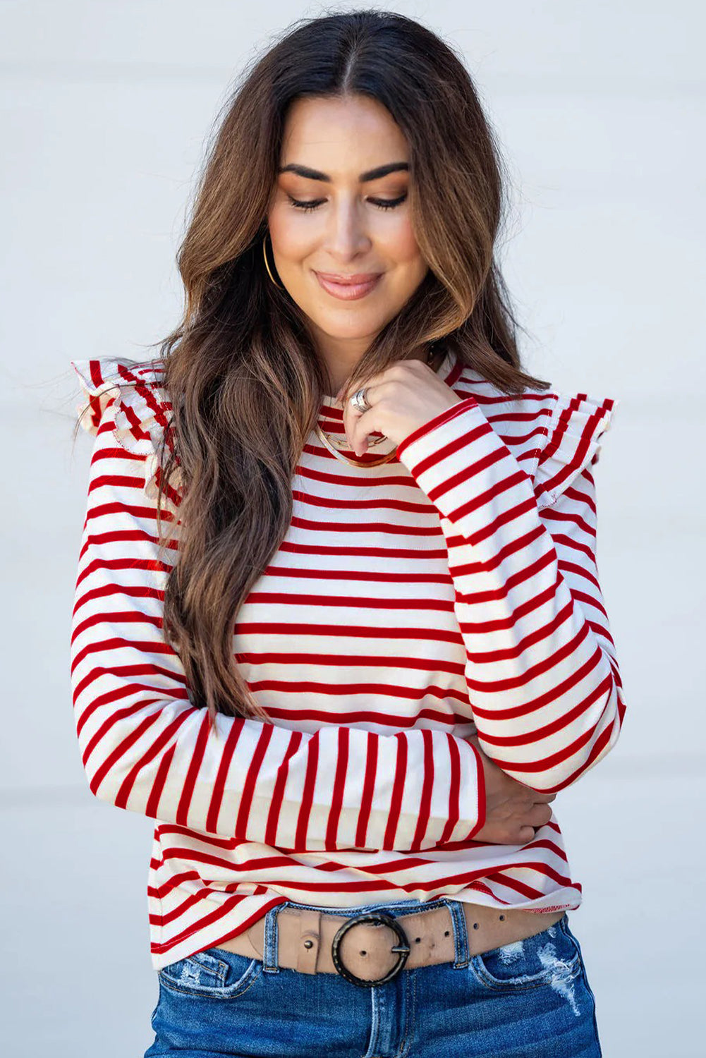 Red Stripe Round Neck Ruffle Trim Long Sleeve Top