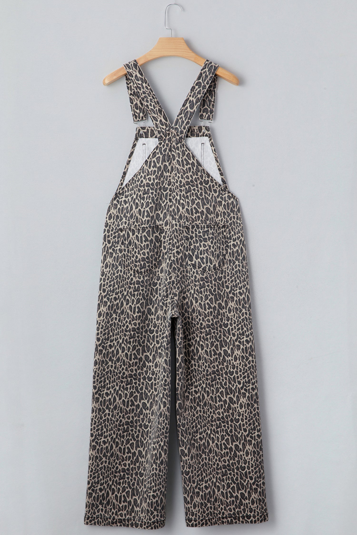 Brown  Leopard Print Straight Leg Loose Denim Overall Jumpsuit