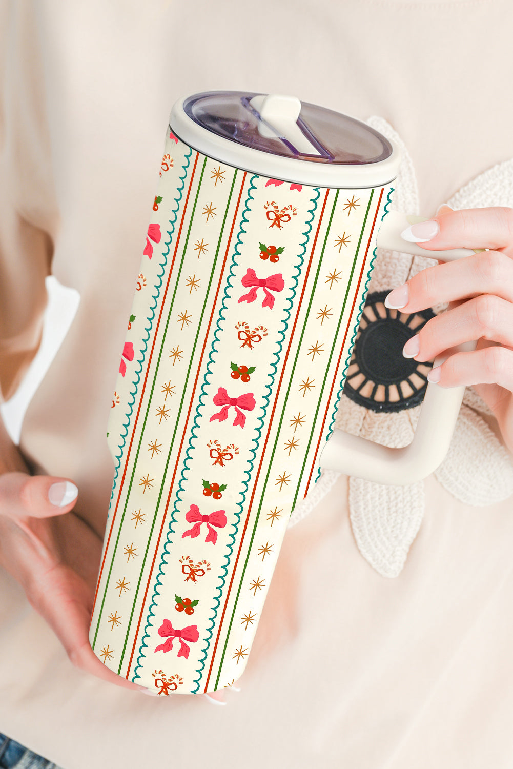 White Holly Jolly Bow Striped Print Flip Straw Tumbler