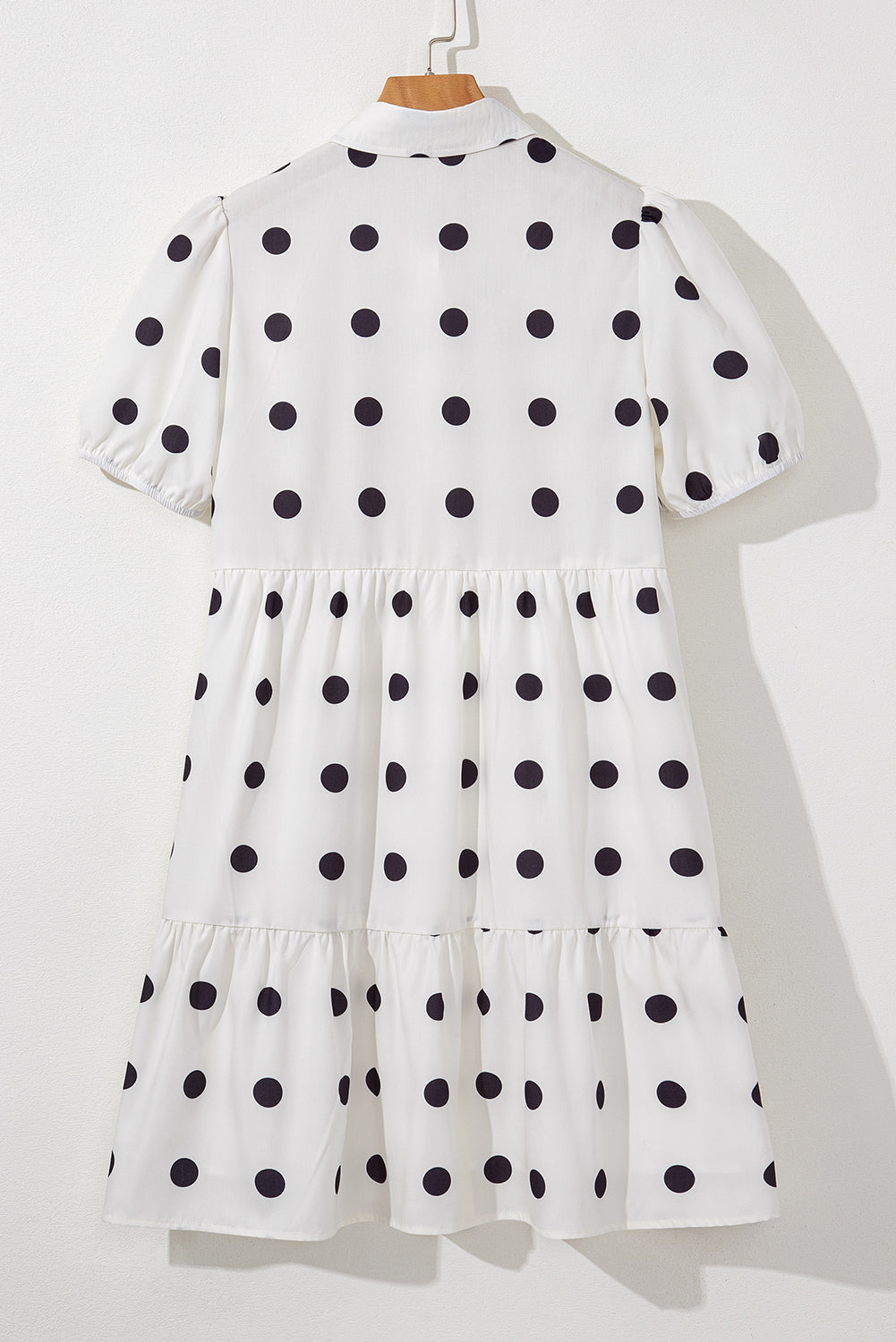 White Polka Dot Print Short Sleeve Collar Buttoned Tiered Babydoll Dress