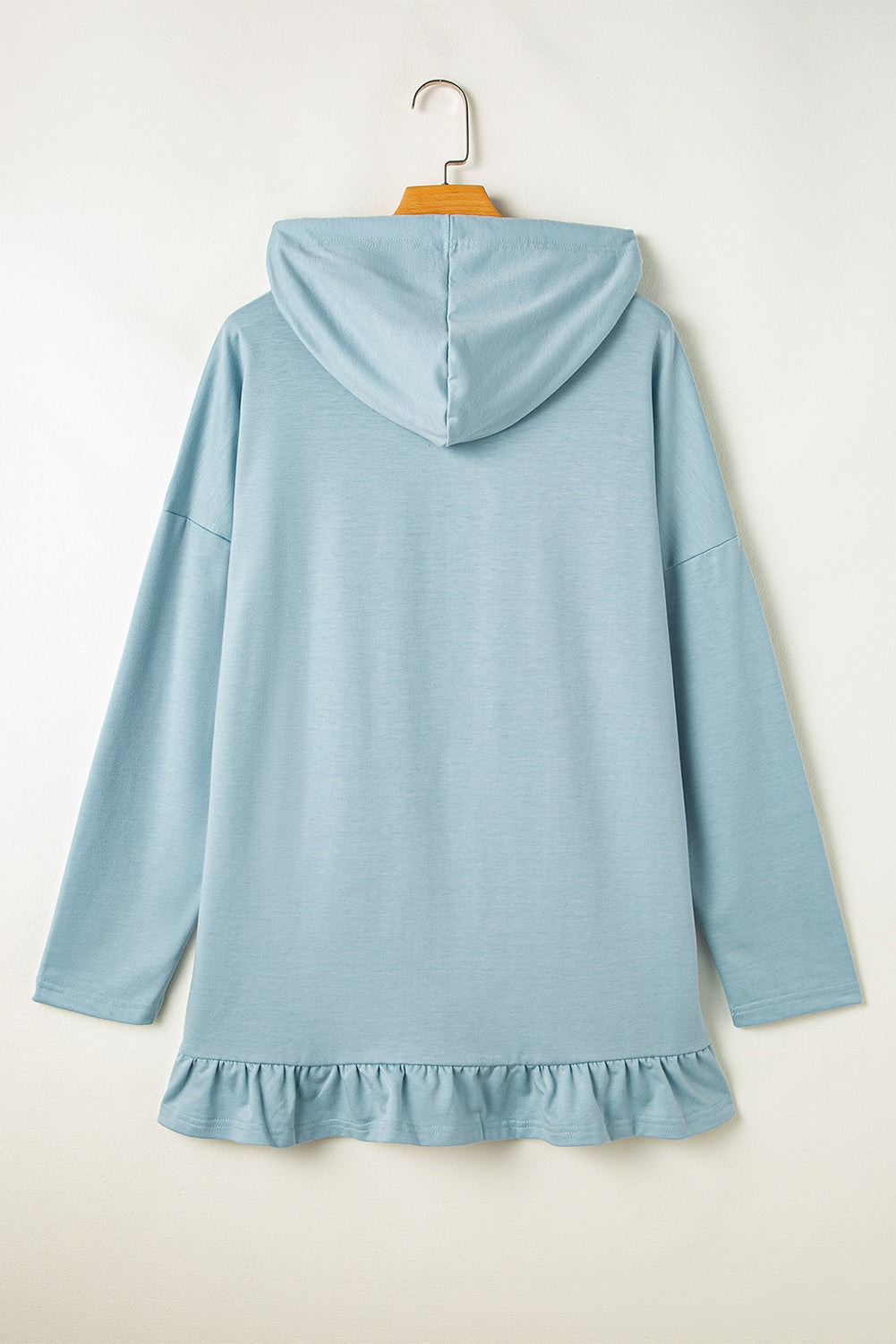 Iceland Blue Solid Ruffled Hem Loose Fit Tunic Hoodie