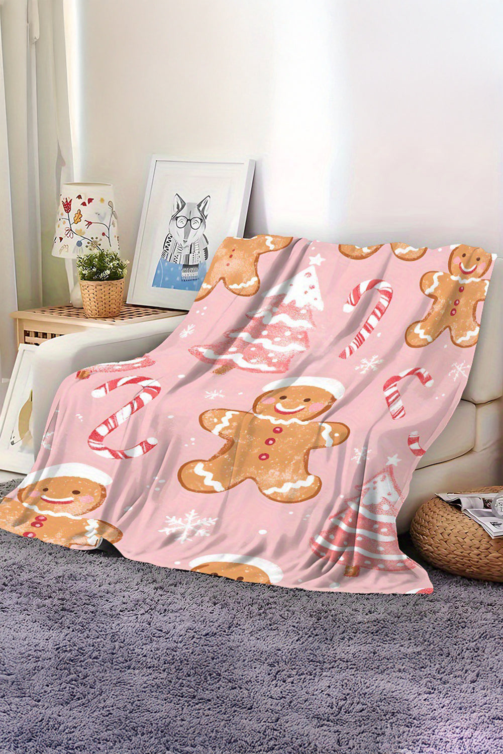 Pink Gingerbread Man Candy Cane Christmas Tree Print Plush Blanket