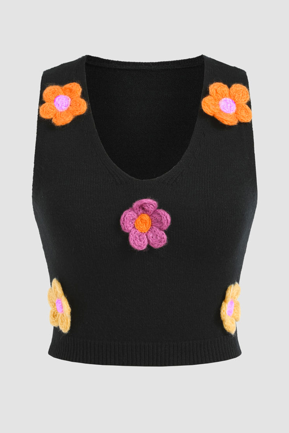 Black 3D Flower Decor Cropped Sweater Vest