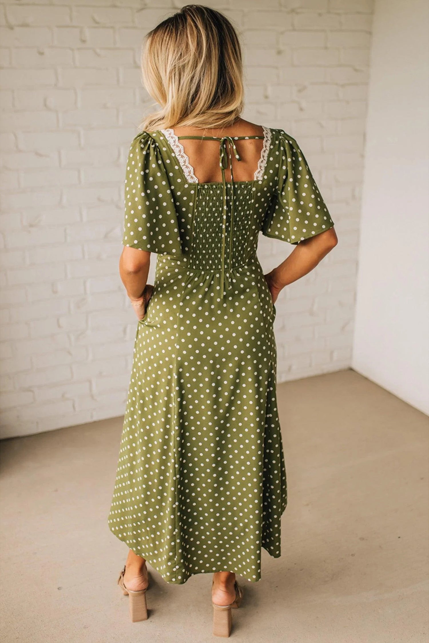 Green Polka Dot Print Lacy Neckline Smocked High Waist Maxi Dress