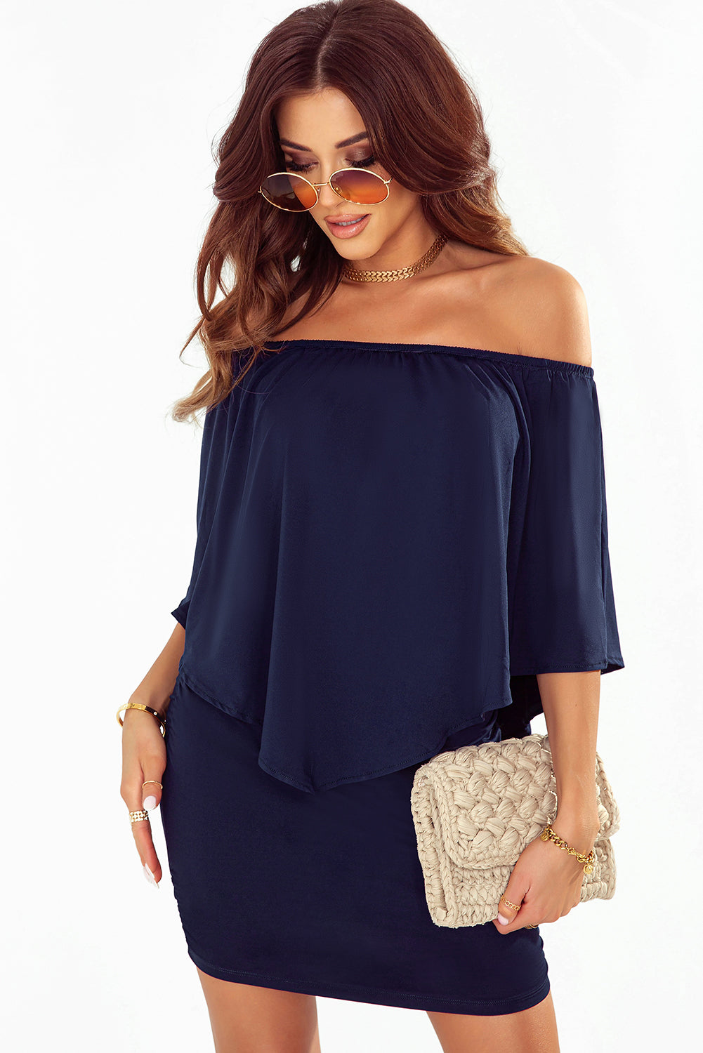 Multiple Dressing Layered Dark Blue Mini Poncho Dress