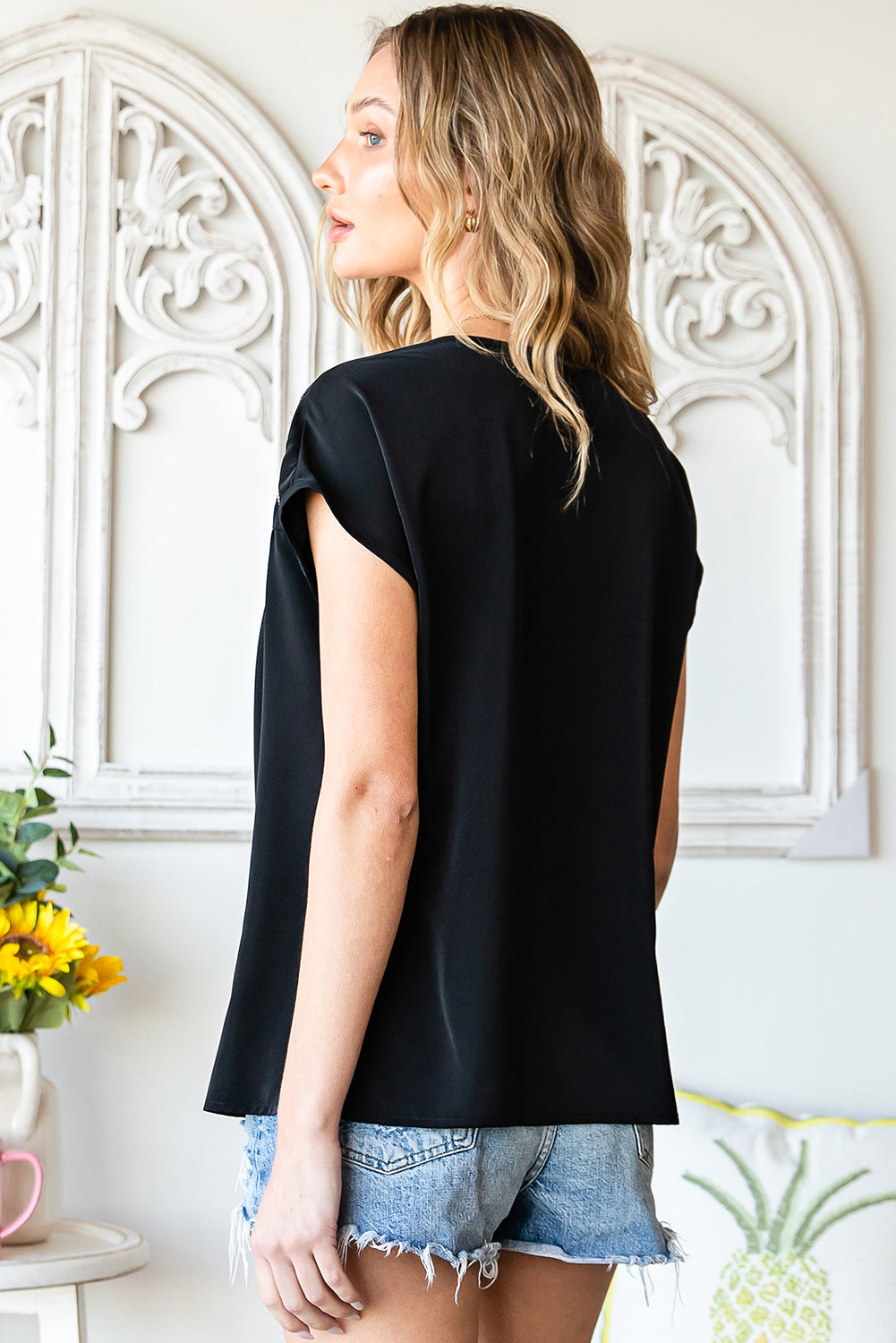 Black Geometric Floret Embroidered Short Sleeve Blouse