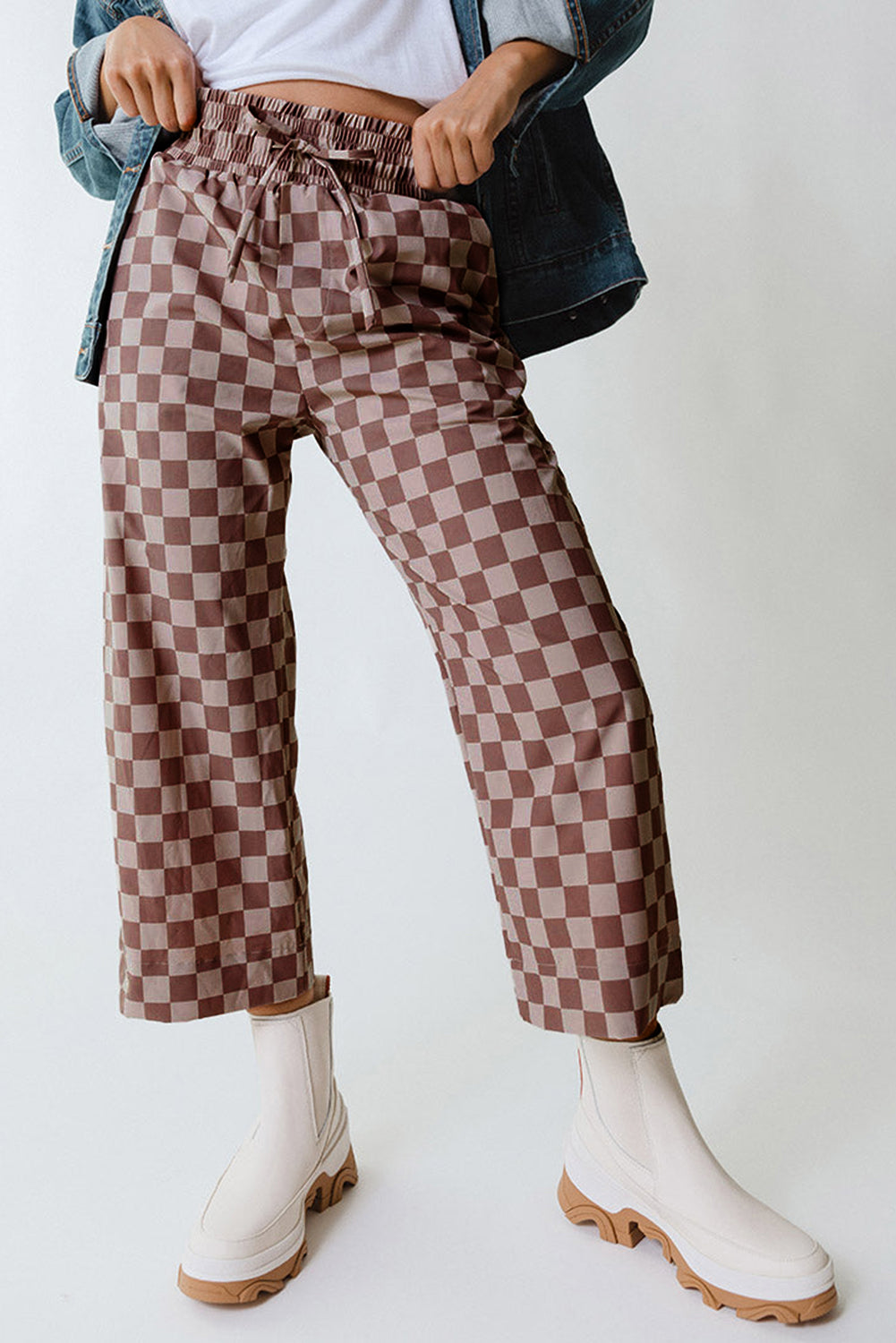 Khaki Checkered Elastic High Waist Loose Casual Pants