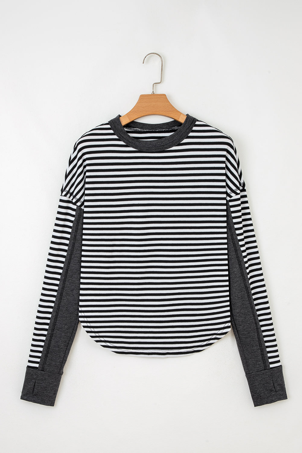 Black Stripe Thermal Knit Drop Shoulder Casual Top