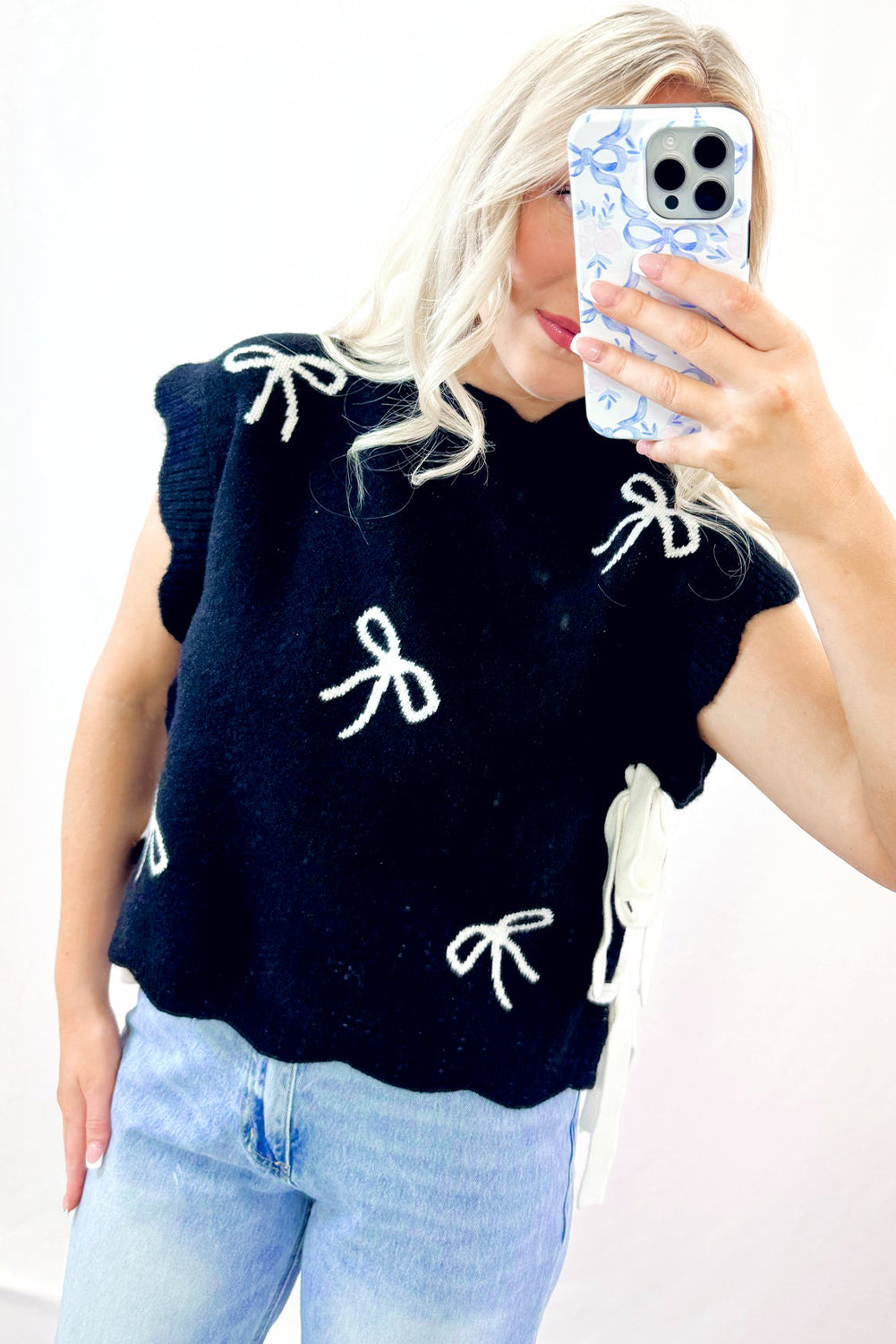 Black Bow Print Side Ties Scalloped Hem Sweater T Shirt