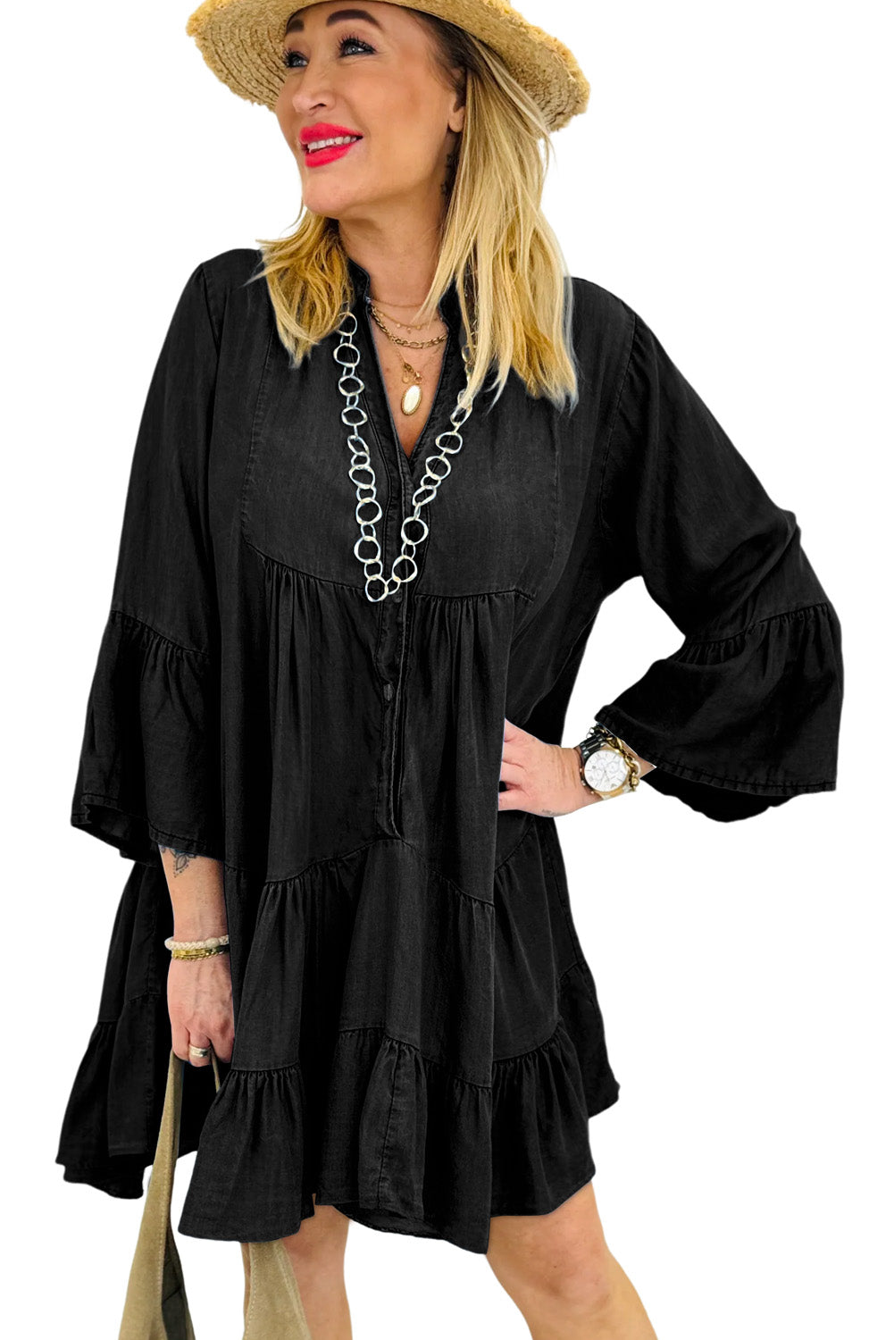 Black Chambray Ruffled 3/4 Sleeve Tiered Split V Neck Mini Dress