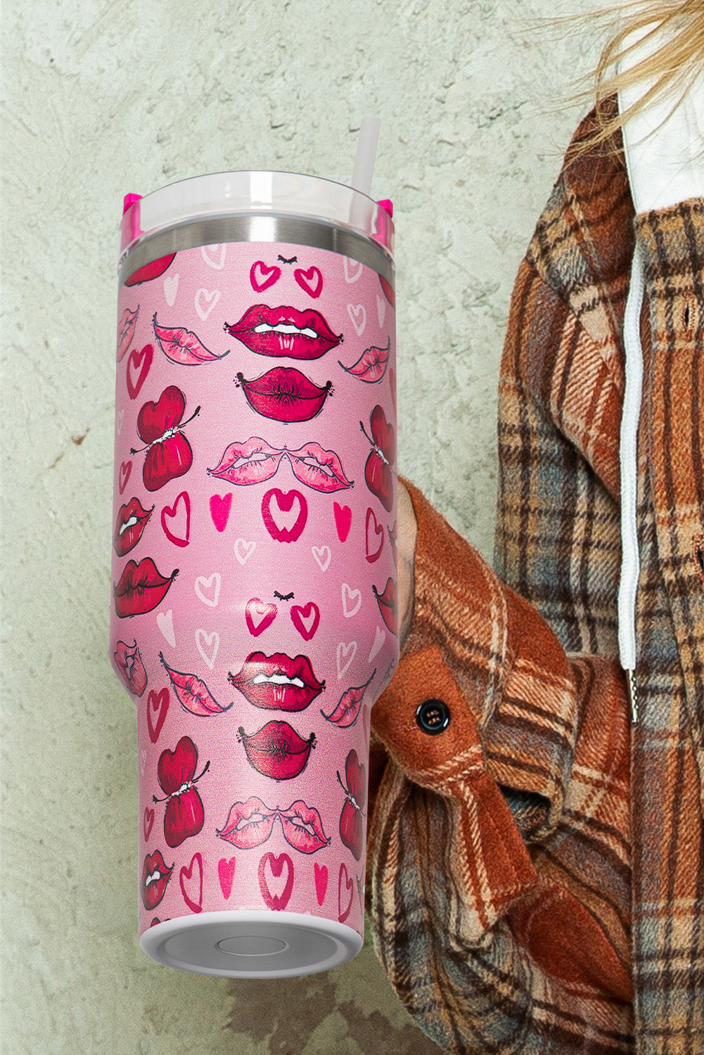 Rose Red Valentines Hearts and Kisses Print Thermos Cup 40oz