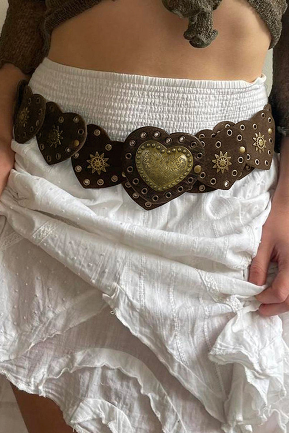 Coffee Bohemian Vintage Bronze Detail Heart Connected PU Belt