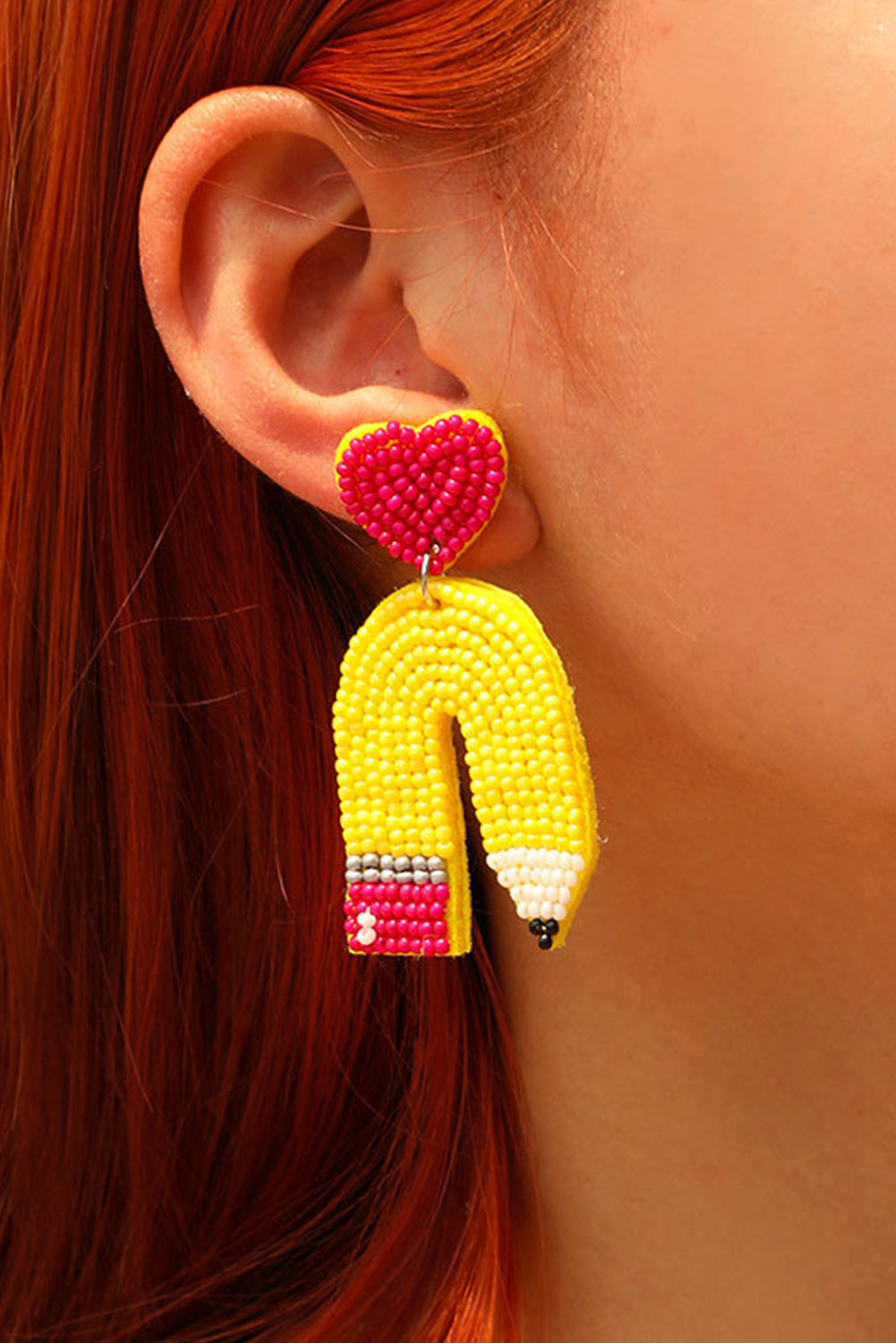 Yellow Heart Shape Pencil Rice Bead Drop Earrings