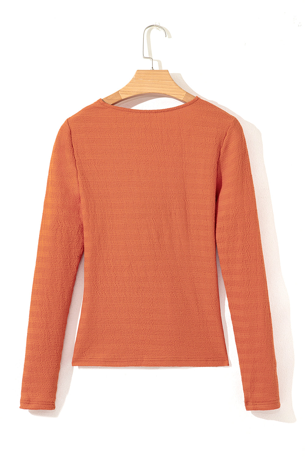 Orange Textured Twist Front V Neck Long Sleeve Slim Solid Color Top