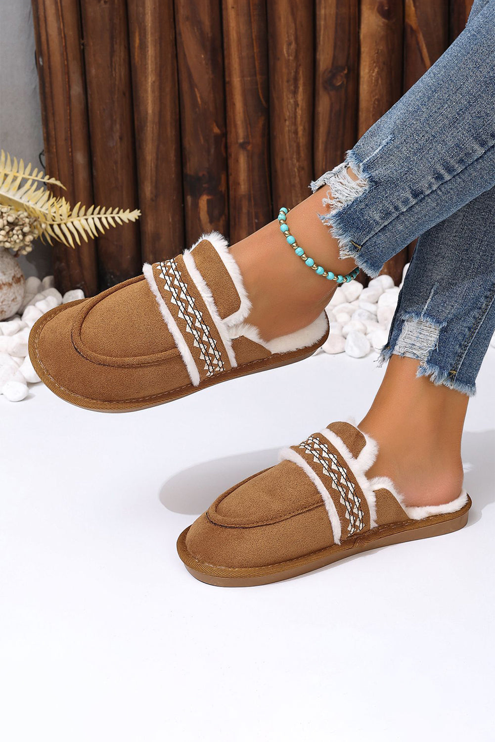 Chestnut Suede Wavy Striped Plush Lined Slippers